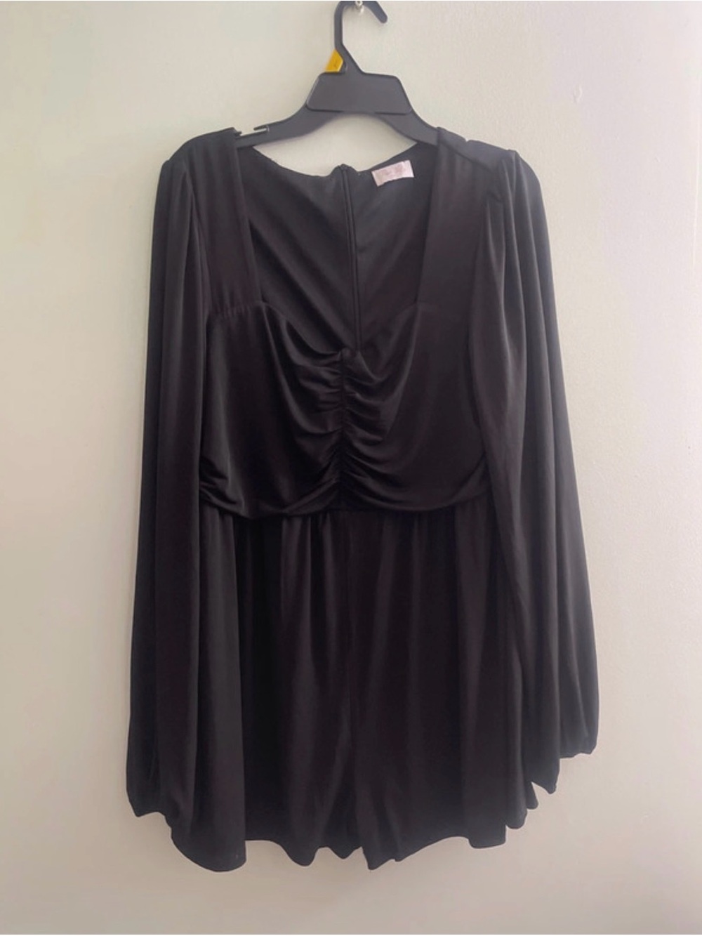 Pink Lily Black Long-Sleeve Ruched Front Romper